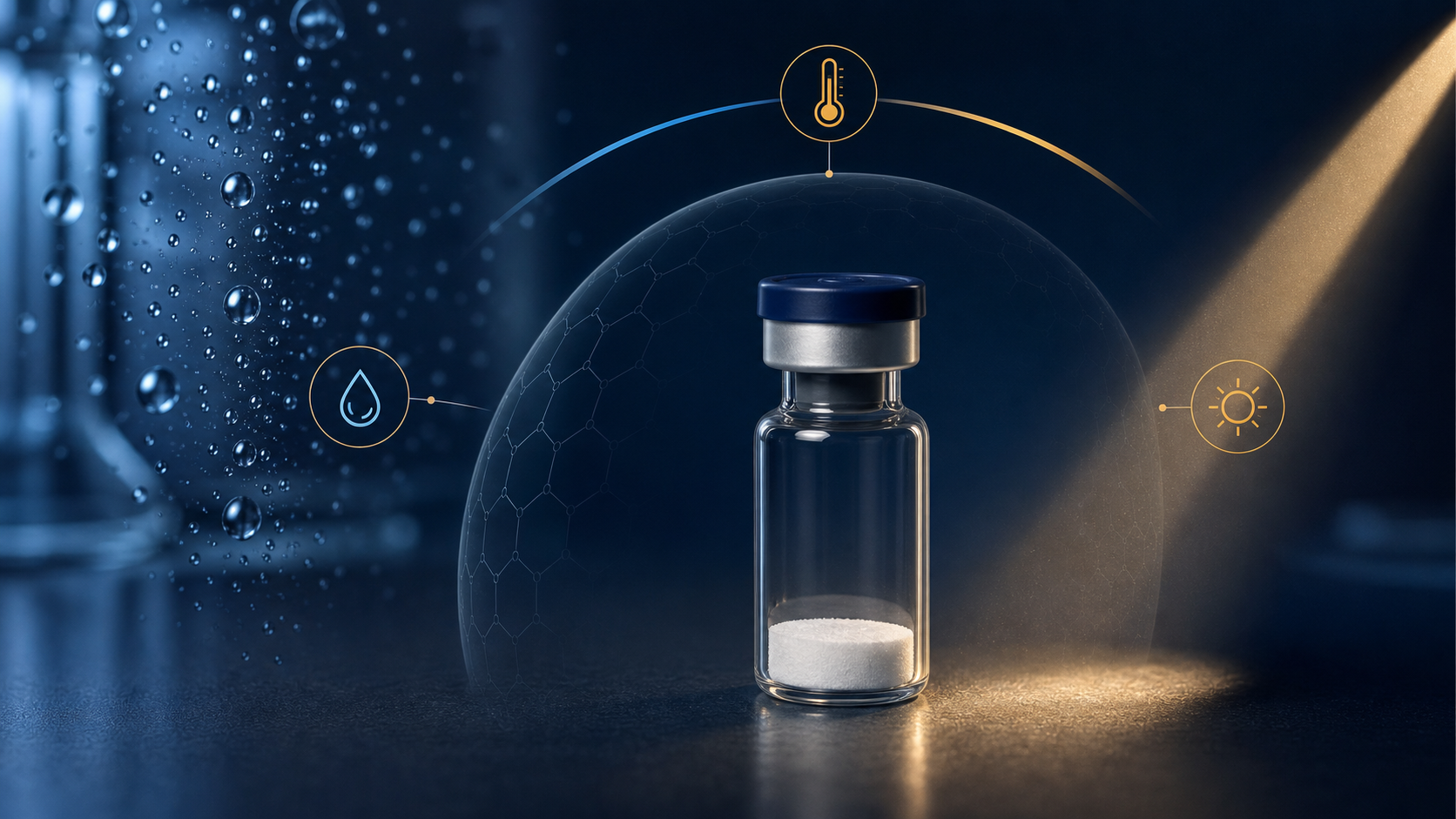 Sealed lyophilized research-peptide vial protected from moisture, temperature change, and direct light.